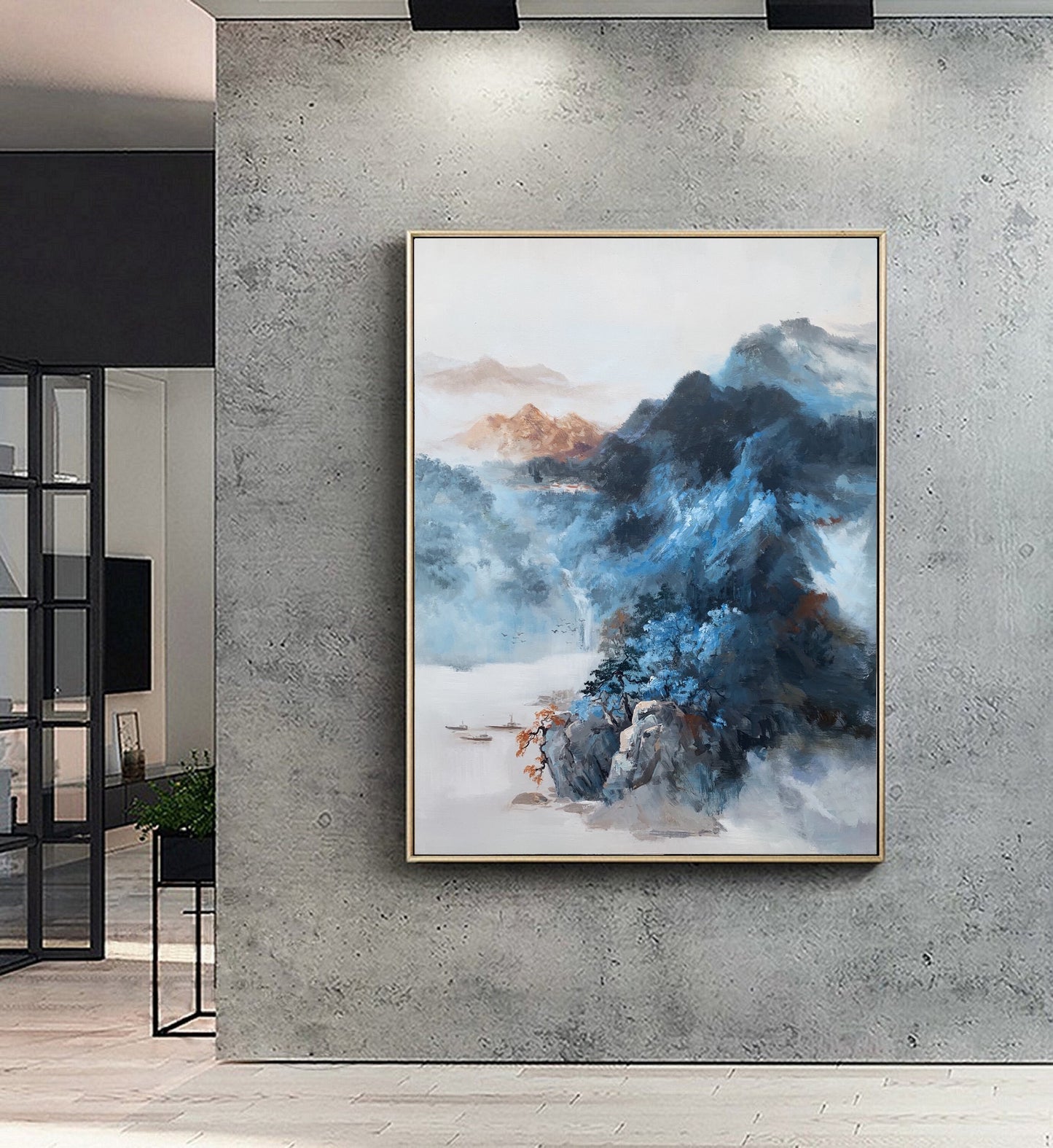 Original Dark Blue Mountain Landscape Painting,Large Landscape Paintingon Canvas,Blue Landscape Abstract Painting,Living Room Art Painting