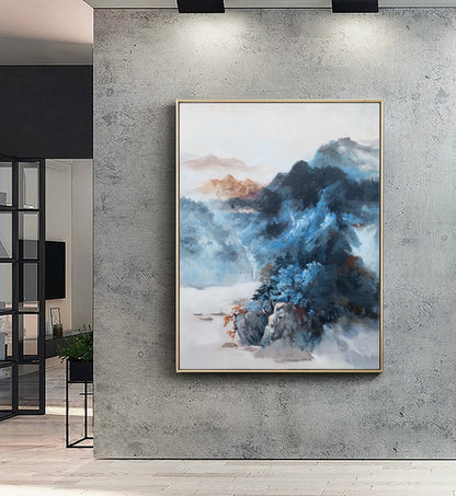 Original Dark Blue Mountain Landscape Painting,Large Landscape Paintingon Canvas,Blue Landscape Abstract Painting,Living Room Art Painting