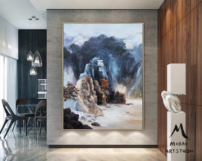 Original Dark Blue Mountain Landscape Painting,Blue Landscape Abstract Painting,Large Landscape Paintingon Canvas,Living Room Art Painting