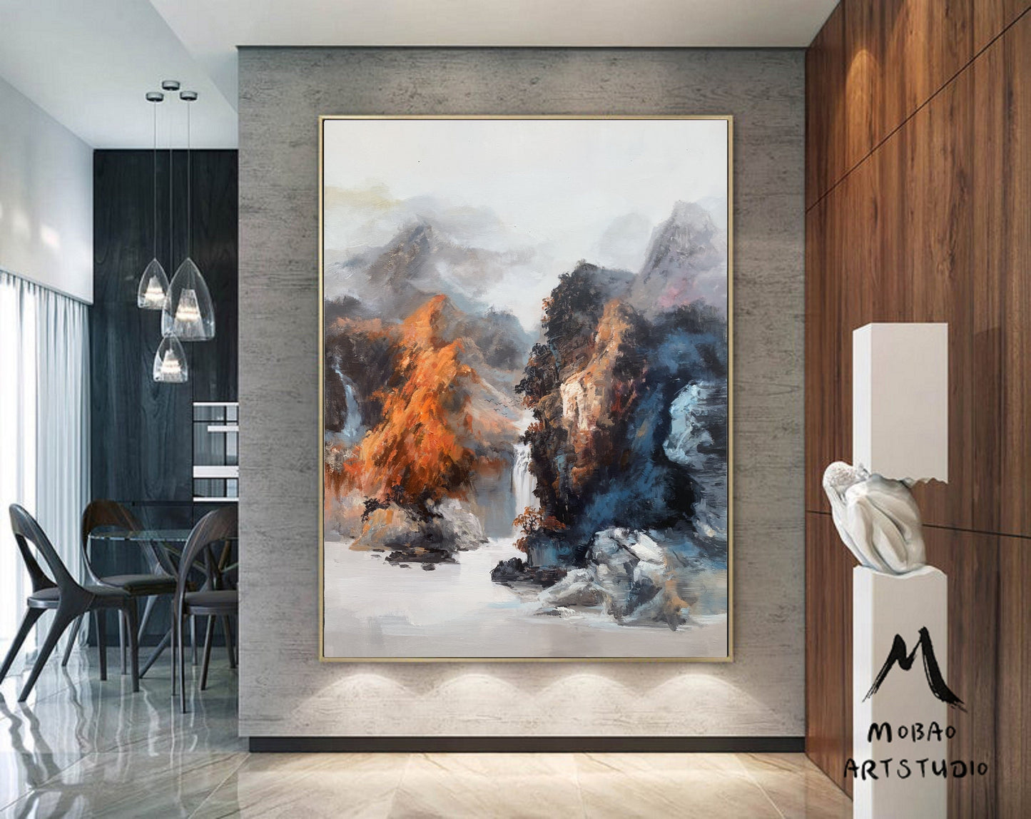 Original Waterfall Landscape Painting, Large Mountain Landscape Painting on Canvas, Large Landscape Blue Abstract Painting, Living Room Art