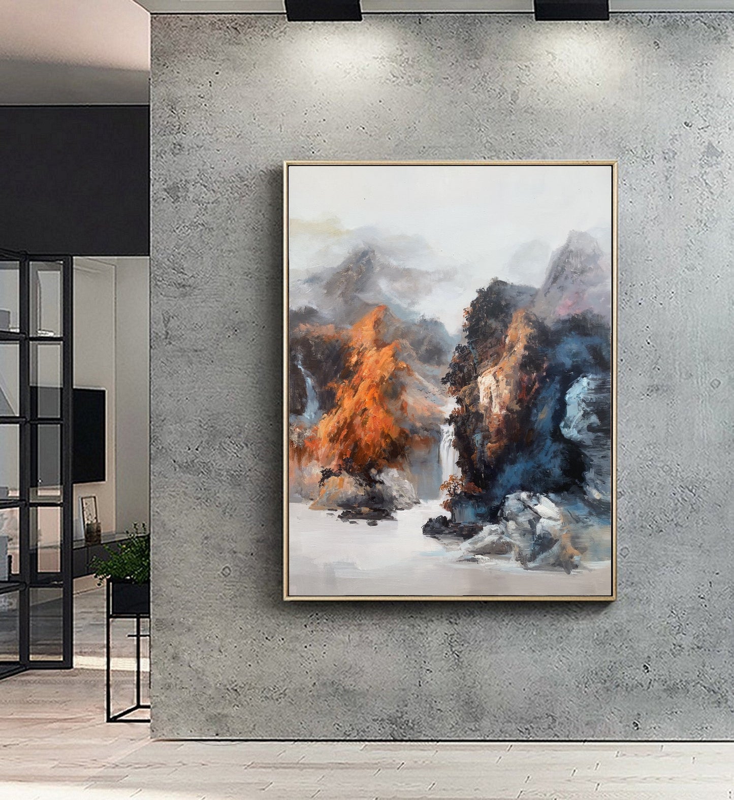 Original Waterfall Landscape Painting, Large Mountain Landscape Painting on Canvas, Large Landscape Blue Abstract Painting, Living Room Art