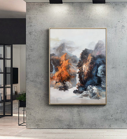 Original Waterfall Landscape Painting, Large Mountain Landscape Painting on Canvas, Large Landscape Blue Abstract Painting, Living Room Art