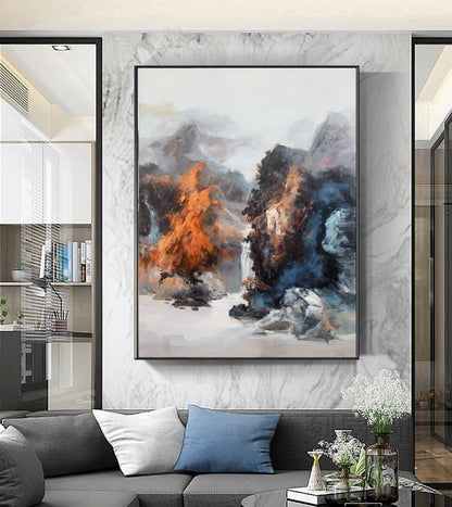 Original Waterfall Landscape Painting, Large Mountain Landscape Painting on Canvas, Large Landscape Blue Abstract Painting, Living Room Art