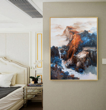 Large Blue Landscape Abstract Painting,Waterfall Landscape Painting,Original Mountain Landscape Painting on Canvas, Living Room Art Painting