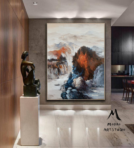 Large Waterfall Landscape Painting,Orange Landscape Abstract Painting,Original Mountain Landscape Painting on Canvas,Sofa wall art painting