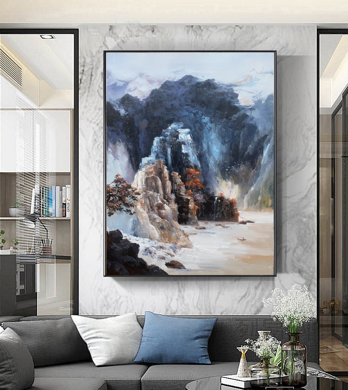 Original Dark Blue Mountain Landscape Painting,Blue Landscape Abstract Painting,Large Landscape Paintingon Canvas,Living Room Art Painting