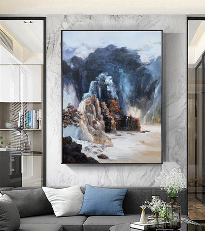Original Dark Blue Mountain Landscape Painting,Blue Landscape Abstract Painting,Large Landscape Paintingon Canvas,Living Room Art Painting