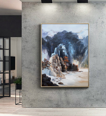 Original Dark Blue Mountain Landscape Painting,Blue Landscape Abstract Painting,Large Landscape Paintingon Canvas,Living Room Art Painting