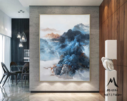 Original Dark Blue Mountain Landscape Painting,Large Landscape Paintingon Canvas,Blue Landscape Abstract Painting,Living Room Art Painting