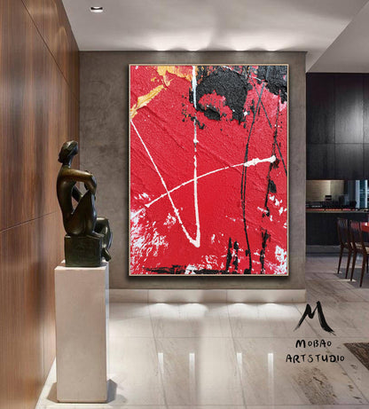 Minimalist Abstract Painting, Large Red Abstract Original Black Painting Red Textured Painting,Abstract Painting, Large Wall Canvas Painting