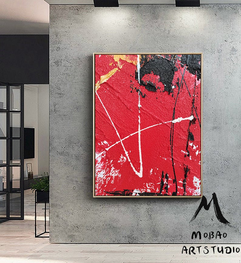 Minimalist Abstract Painting, Large Red Abstract Original Black Painting Red Textured Painting,Abstract Painting, Large Wall Canvas Painting