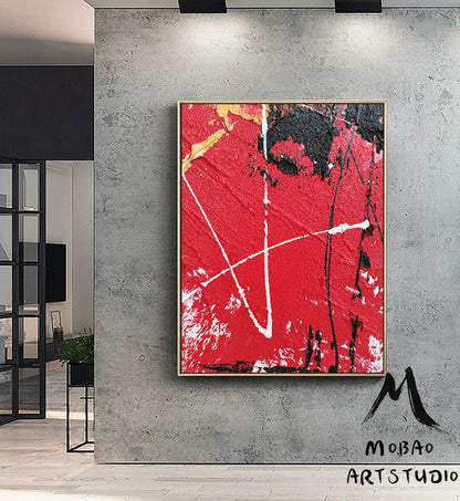 Minimalist Abstract Painting, Large Red Abstract Original Black Painting Red Textured Painting,Abstract Painting, Large Wall Canvas Painting