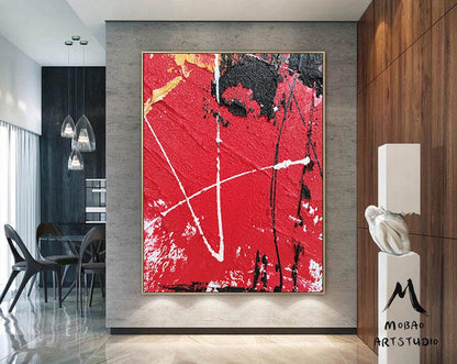 Minimalist Abstract Painting, Large Red Abstract Original Black Painting Red Textured Painting,Abstract Painting, Large Wall Canvas Painting