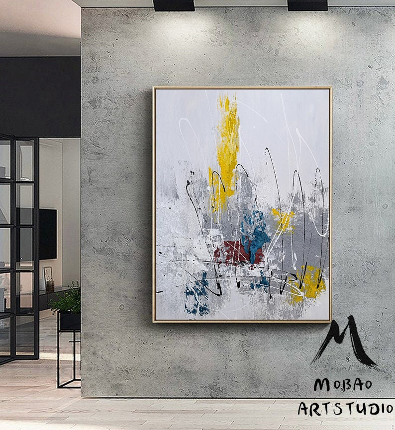 Large Abstract Painting,White Painting Blue Textured Painting, Minimalist Abstract Painting, Abstract Painting, Large Wall Canvas Painting