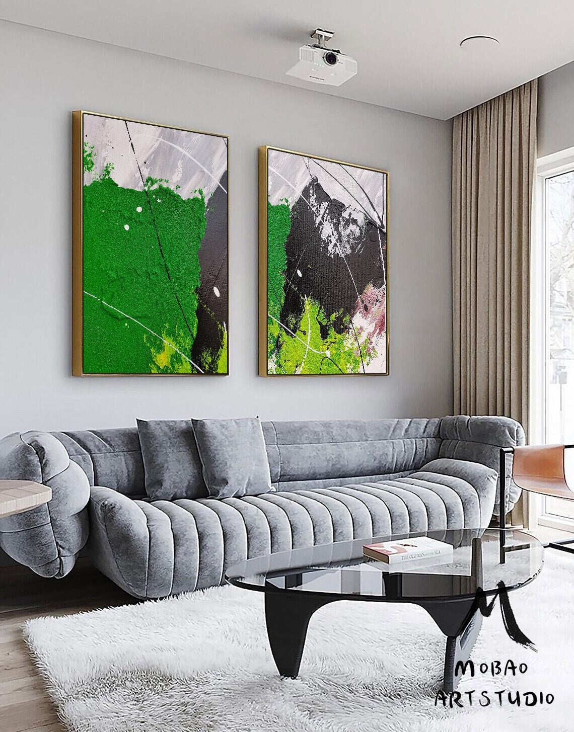 White Abstract Painting Green 3D Textured Painting Set of 2 Green Abstract Painting Set of 2 White Wall Art Black Textured Wall Art Painting