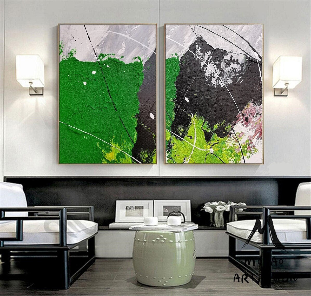 White Abstract Painting Green 3D Textured Painting Set of 2 Green Abstract Painting Set of 2 White Wall Art Black Textured Wall Art Painting