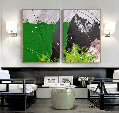 White Abstract Painting Green 3D Textured Painting Set of 2 Green Abstract Painting Set of 2 White Wall Art Black Textured Wall Art Painting