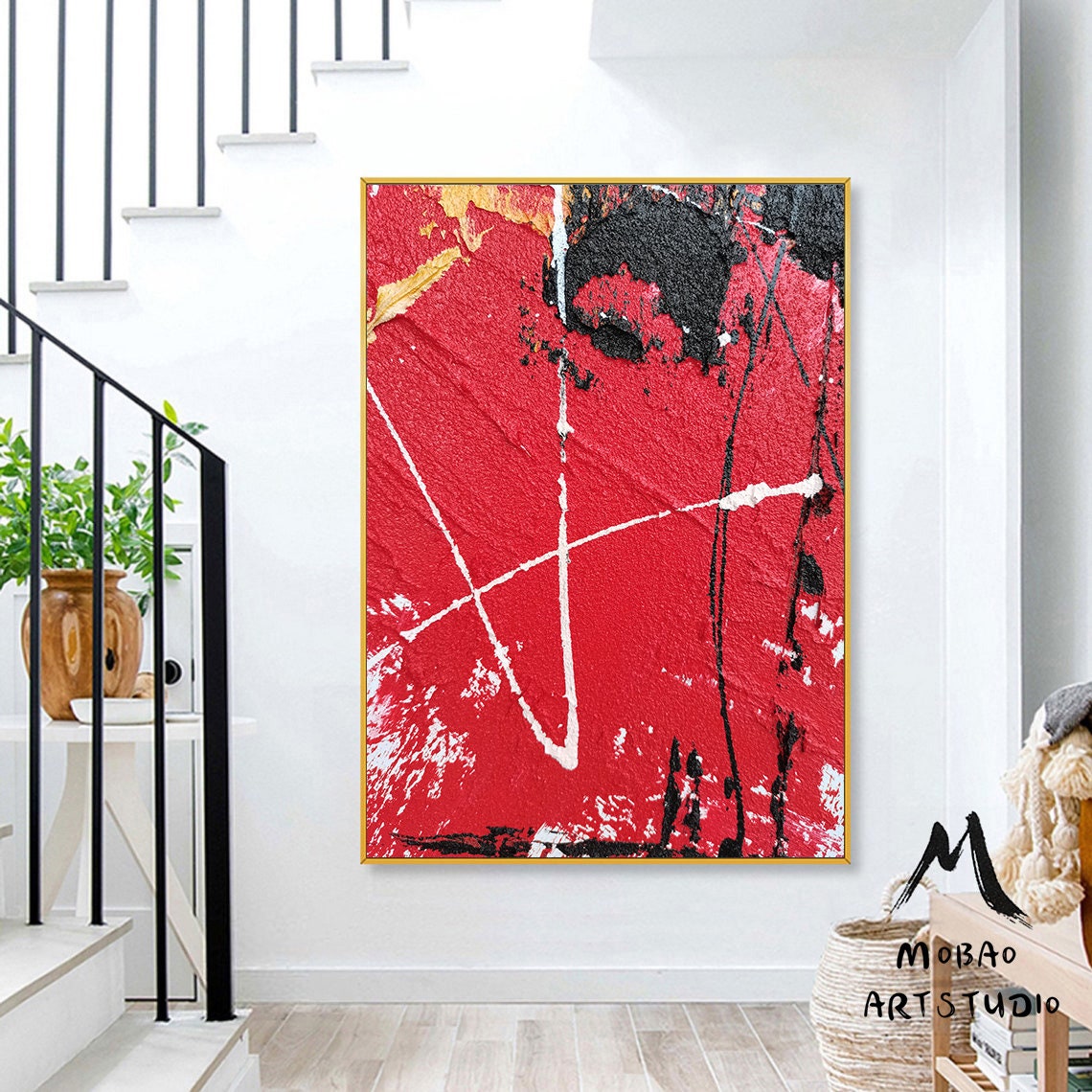 Minimalist Abstract Painting, Large Red Abstract Original Black Painting Red Textured Painting,Abstract Painting, Large Wall Canvas Painting