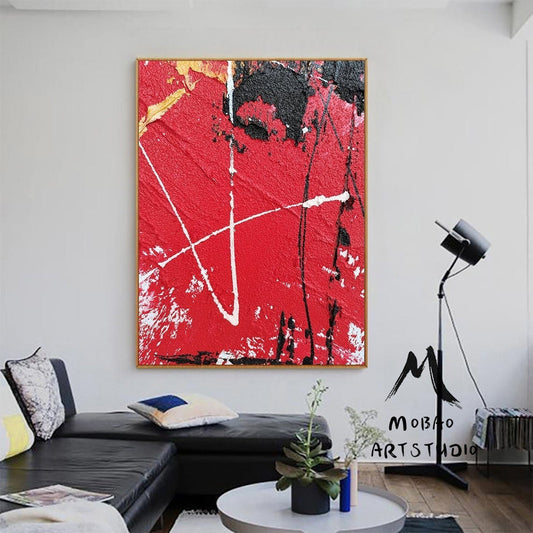 Minimalist Abstract Painting, Large Red Abstract Original Black Painting Red Textured Painting,Abstract Painting, Large Wall Canvas Painting