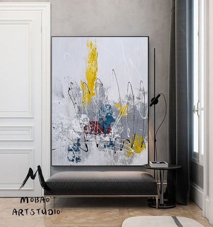 Large Abstract Painting,White Painting Blue Textured Painting, Minimalist Abstract Painting, Abstract Painting, Large Wall Canvas Painting
