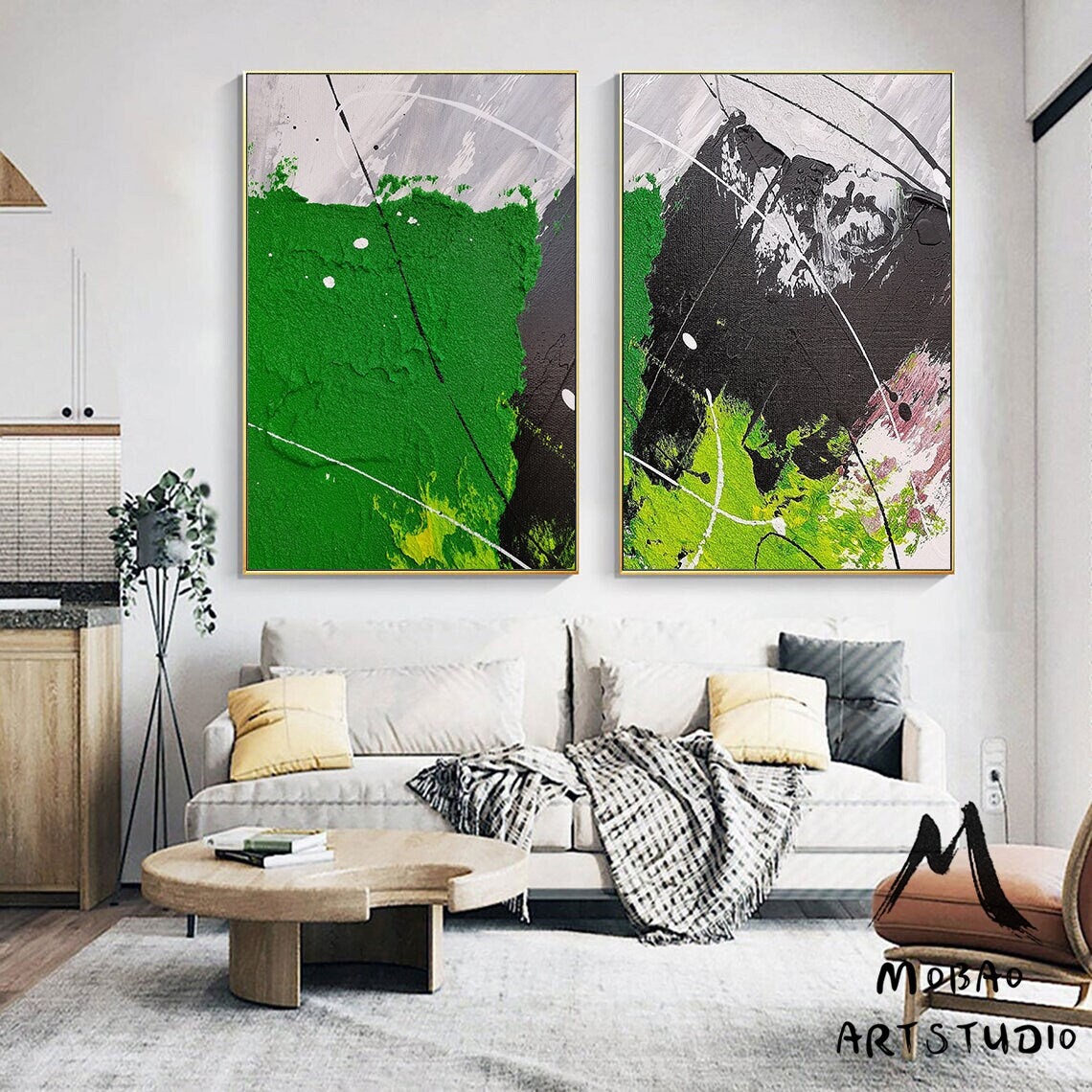 White Abstract Painting Green 3D Textured Painting Set of 2 Green Abstract Painting Set of 2 White Wall Art Black Textured Wall Art Painting