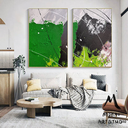 White Abstract Painting Green 3D Textured Painting Set of 2 Green Abstract Painting Set of 2 White Wall Art Black Textured Wall Art Painting