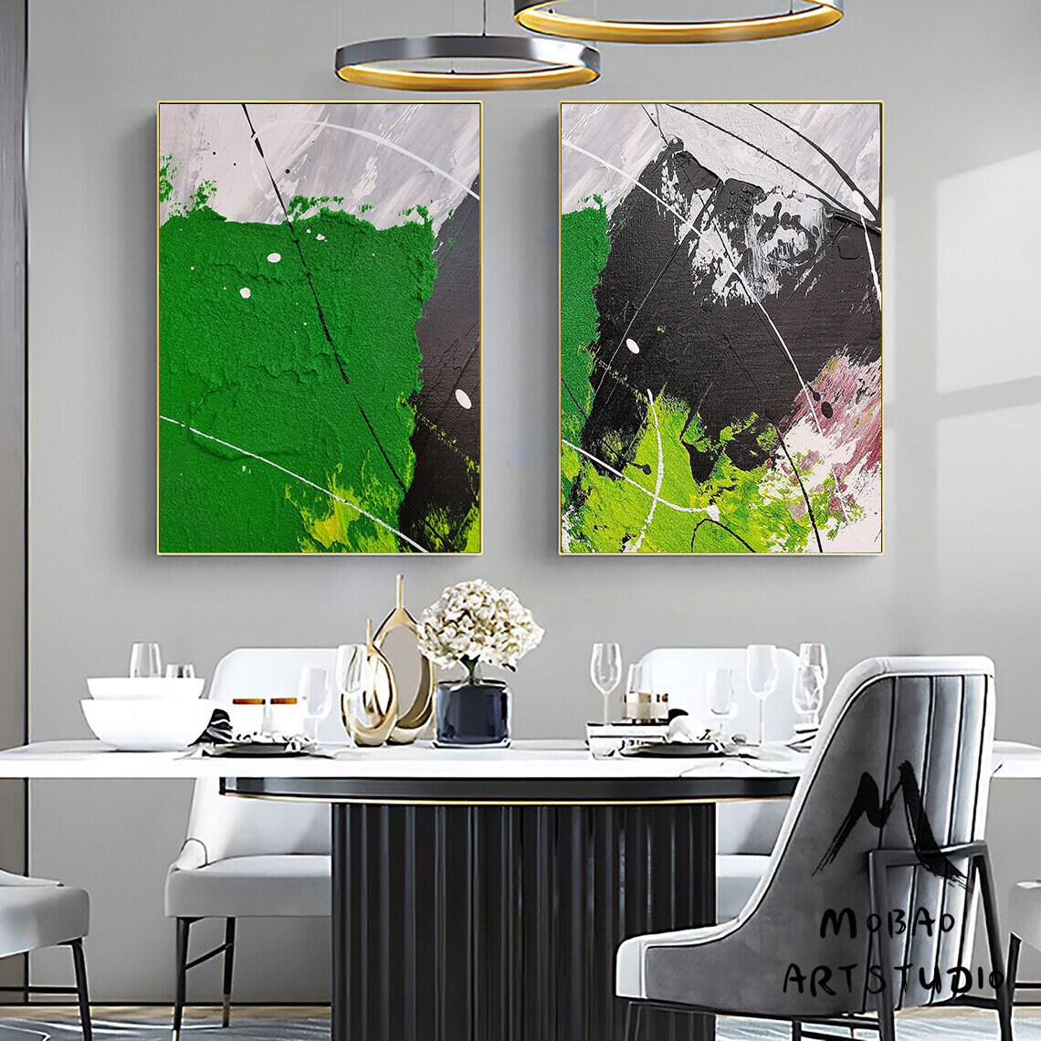 White Abstract Painting Green 3D Textured Painting Set of 2 Green Abstract Painting Set of 2 White Wall Art Black Textured Wall Art Painting