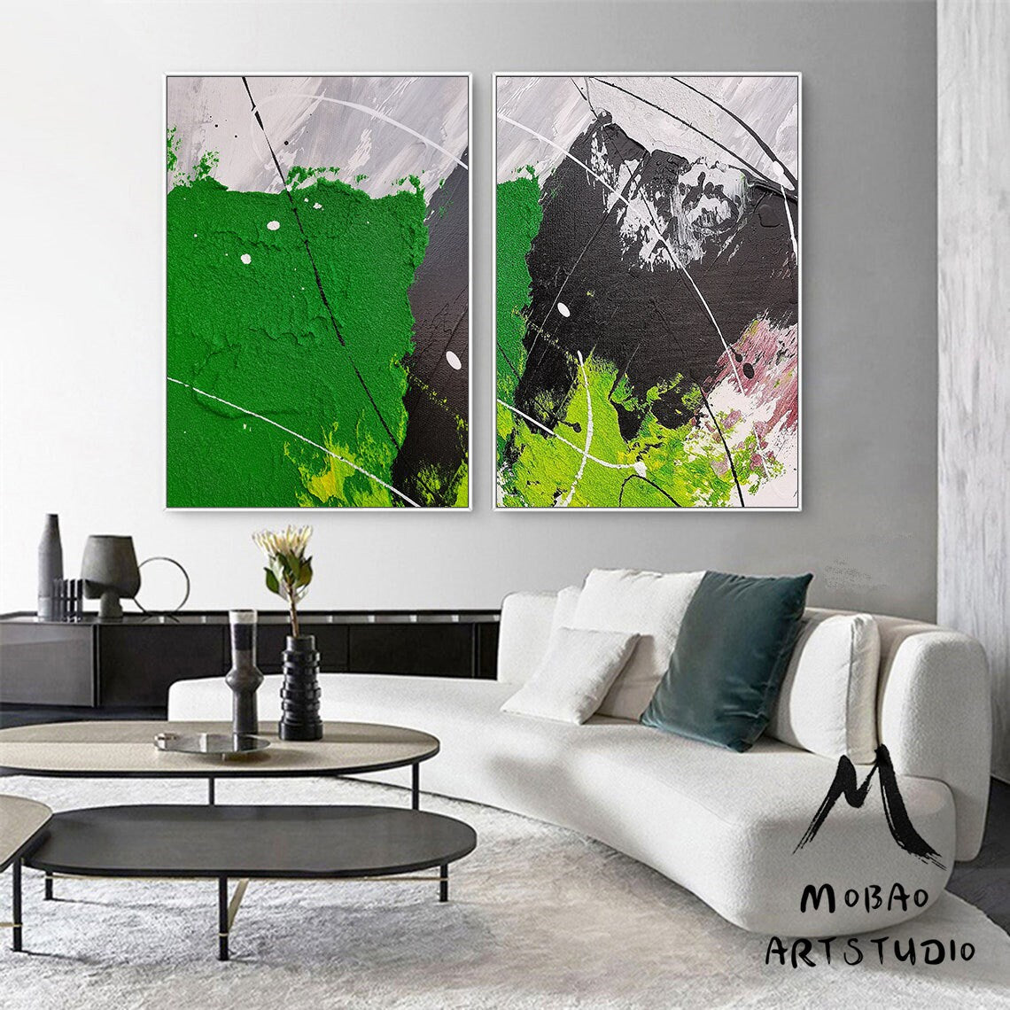 White Abstract Painting Green 3D Textured Painting Set of 2 Green Abstract Painting Set of 2 White Wall Art Black Textured Wall Art Painting