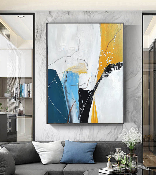 Large Texture Painting White Painting Blue Abstract Minimalist Art Painting, Gold Art Original Abstract Painting,Large Wall Canvas Painting