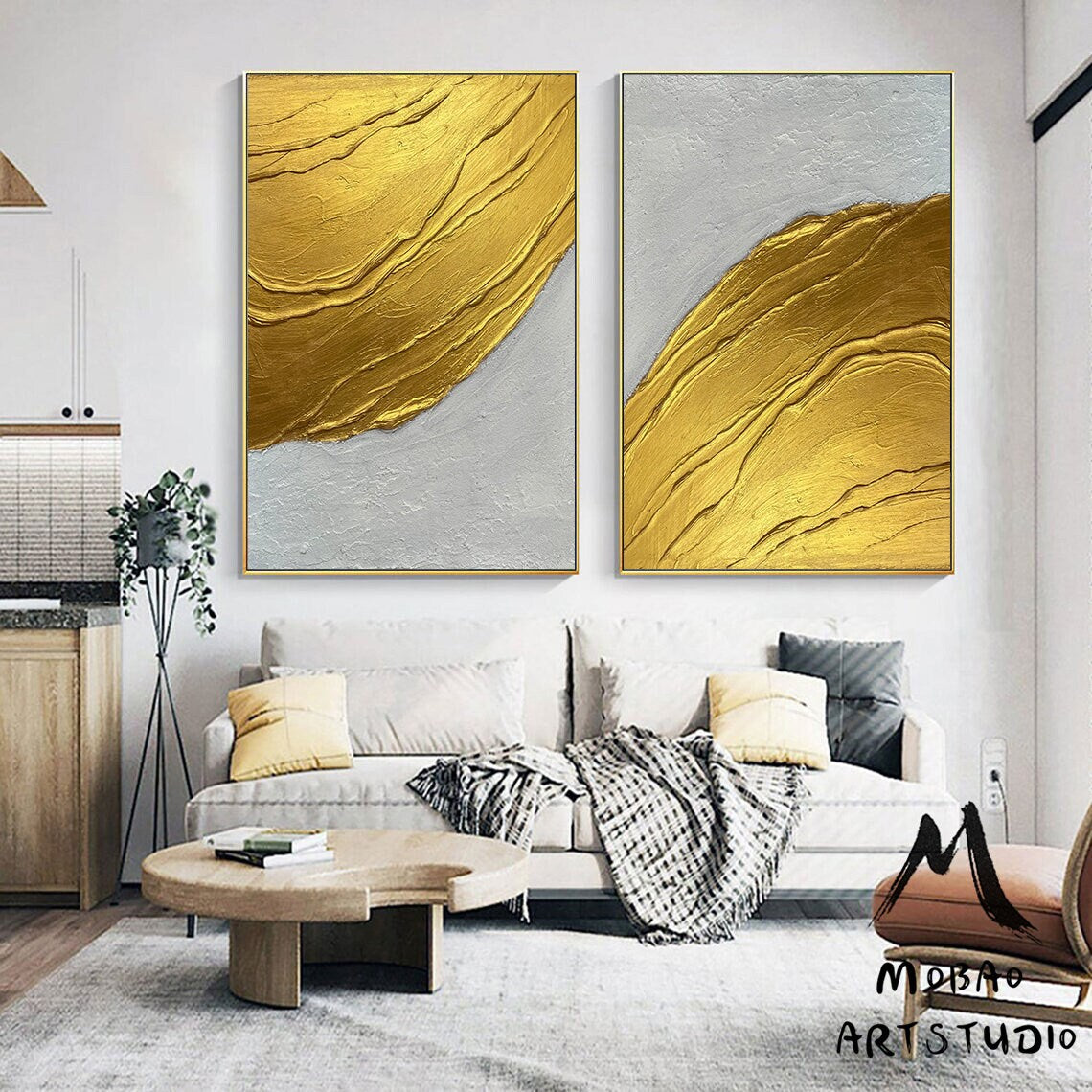 Gold 3D Textured Painting Set of 2 White Abstract Painting Gold Abstract Painting Set of 2 White Wall Art Gold Textured Wall Art Painting