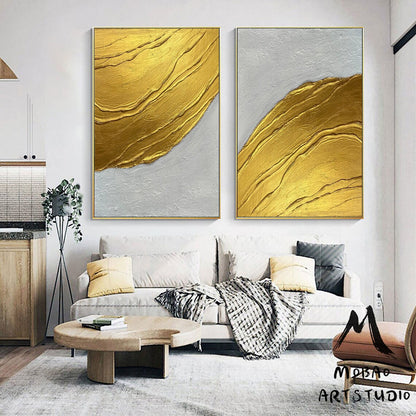 Gold 3D Textured Painting Set of 2 White Abstract Painting Gold Abstract Painting Set of 2 White Wall Art Gold Textured Wall Art Painting
