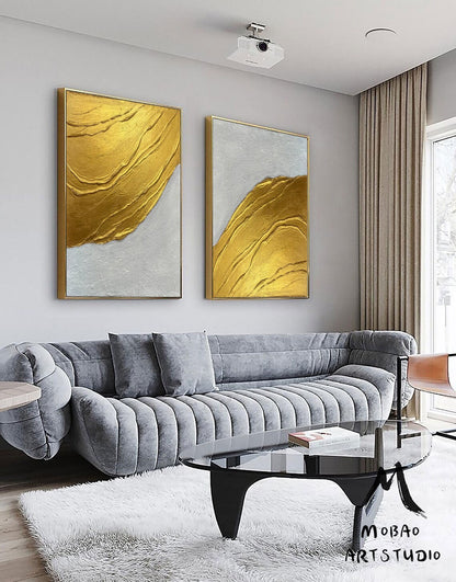 Gold 3D Textured Painting Set of 2 White Abstract Painting Gold Abstract Painting Set of 2 White Wall Art Gold Textured Wall Art Painting