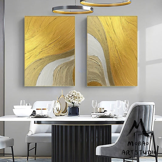 Set of 2 Gold Abstract Painting Gold 3D Textured Painting Gold Textured Wall Art Painting Silver Abstract Painting Set of 2 White Wall Art