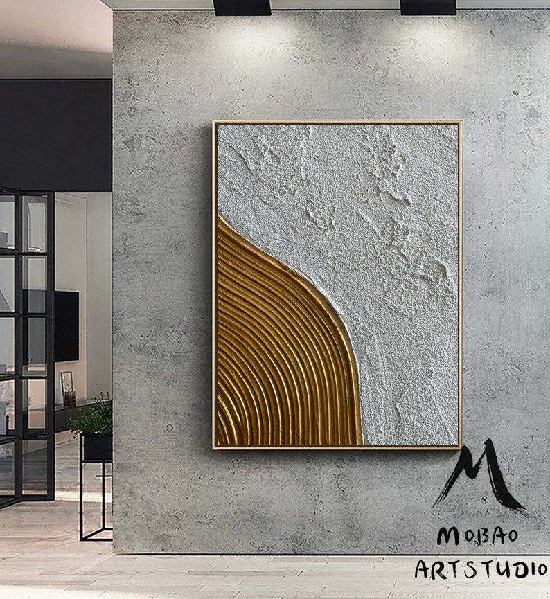 White Minimalist Painting Large White Textured Abstract Painting Gold Abstract Painting Gold 3D Textured Painting Modern Abstract Painting