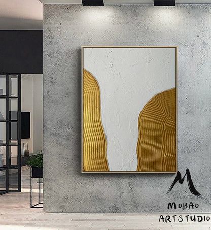 Original Gold 3D Textured Painting Gold Abstract Painting Gold 3D Minimalist Painting White 3D Abstract Painting Modern Abstract Painting