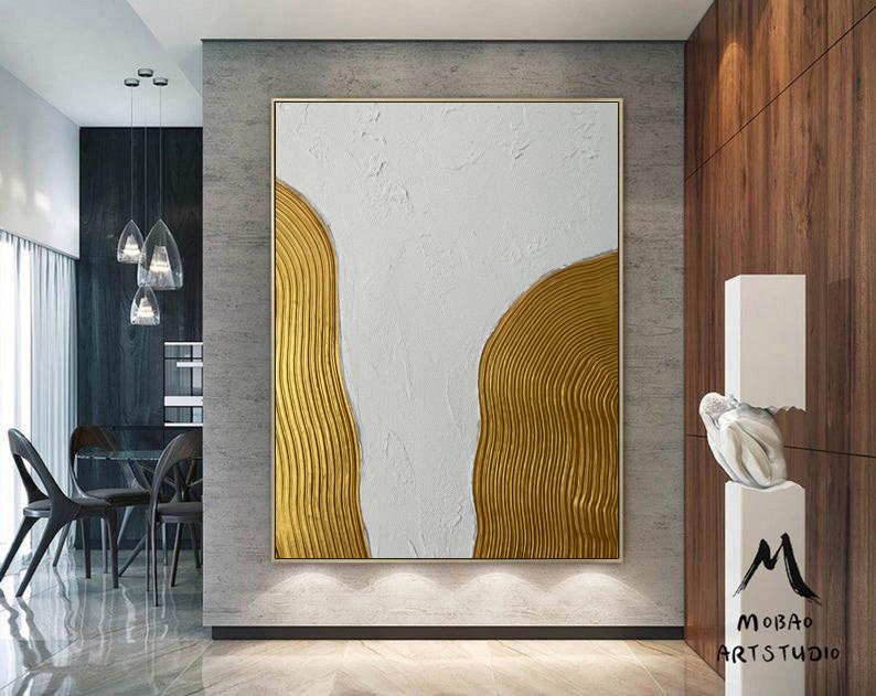 Original Gold 3D Textured Painting Gold Abstract Painting Gold 3D Minimalist Painting White 3D Abstract Painting Modern Abstract Painting