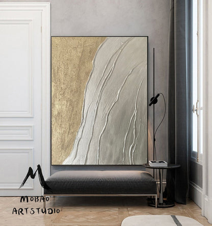 Large Abstract Painting, Silver Textured Abstract Painting,Original Gold Minimalist Painting, Large Wall Canvas Painting Sofa Wall Art