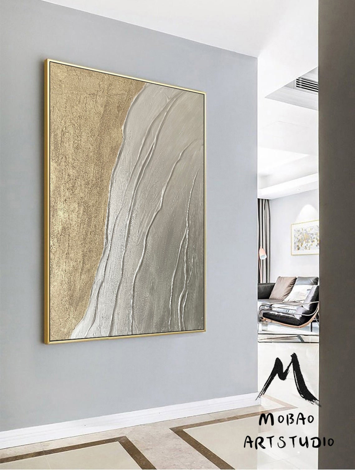 Large Abstract Painting, Silver Textured Abstract Painting,Original Gold Minimalist Painting, Large Wall Canvas Painting Sofa Wall Art