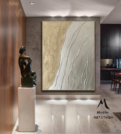 Large Abstract Painting, Silver Textured Abstract Painting,Original Gold Minimalist Painting, Large Wall Canvas Painting Sofa Wall Art