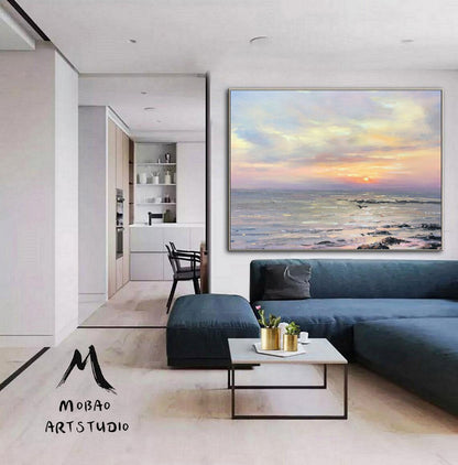 Large Ocean Abstract Painting On Canvas,Original Sky Sunset Landscape Painting,Sea Abstract Oil Painting,Large Living Room Wall Art
