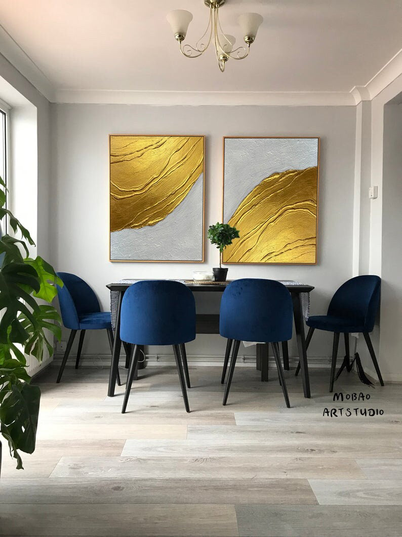 Gold 3D Textured Painting Set of 2 White Abstract Painting Gold Abstract Painting Set of 2 White Wall Art Gold Textured Wall Art Painting
