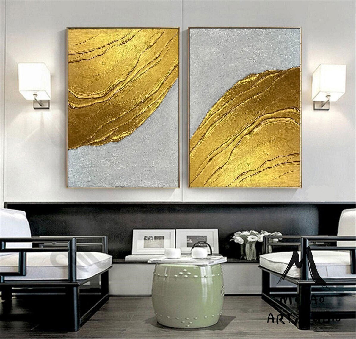 Gold 3D Textured Painting Set of 2 White Abstract Painting Gold Abstract Painting Set of 2 White Wall Art Gold Textured Wall Art Painting