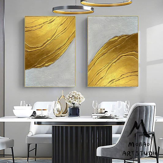Gold 3D Textured Painting Set of 2 White Abstract Painting Gold Abstract Painting Set of 2 White Wall Art Gold Textured Wall Art Painting