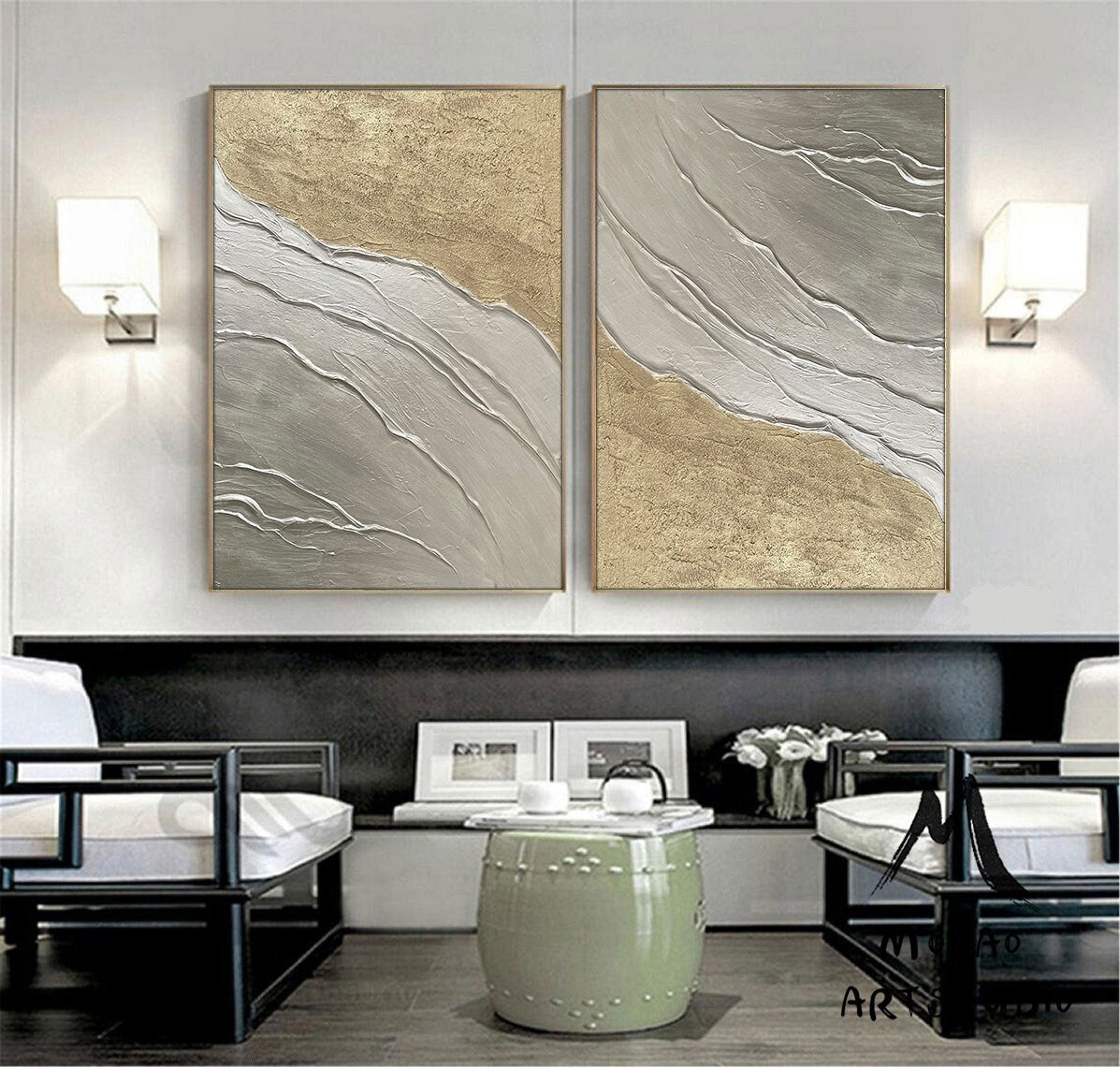 Silver 3D Textured Painting Set of 2 Silver Abstract Painting Gold Textured Wall Art Painting Gold Abstract Painting Set of 2 Gold Wall Art