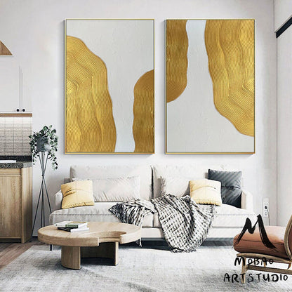Gold Abstract Painting White 3D Textured Painting Set of 2 White Abstract Painting Set of 2 White Wall Art Gold Textured Wall Art