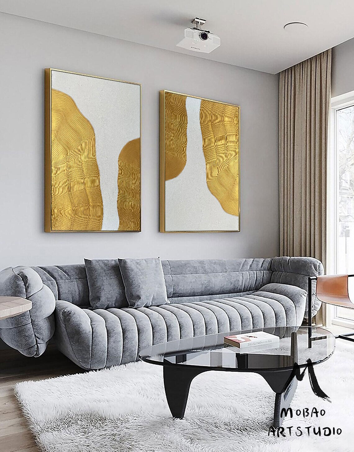 Gold Abstract Painting White 3D Textured Painting Set of 2 White Abstract Painting Set of 2 White Wall Art Gold Textured Wall Art