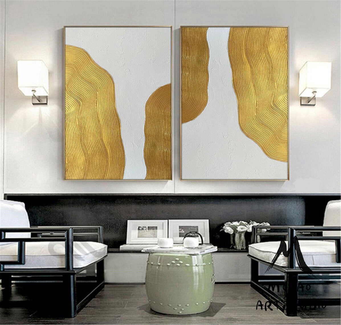 Gold Abstract Painting White 3D Textured Painting Set of 2 White Abstract Painting Set of 2 White Wall Art Gold Textured Wall Art
