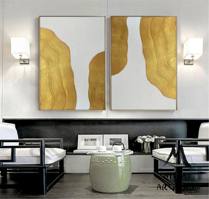 Gold Abstract Painting White 3D Textured Painting Set of 2 White Abstract Painting Set of 2 White Wall Art Gold Textured Wall Art