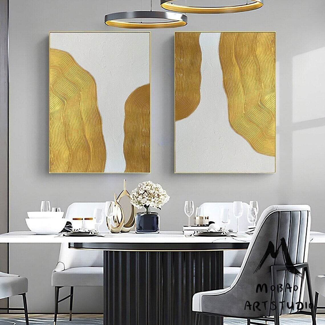 Gold Abstract Painting White 3D Textured Painting Set of 2 White Abstract Painting Set of 2 White Wall Art Gold Textured Wall Art