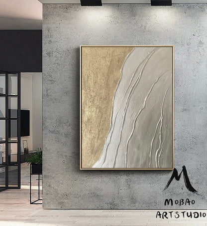 Large Abstract Painting, Silver Textured Abstract Painting,Original Gold Minimalist Painting, Large Wall Canvas Painting Sofa Wall Art